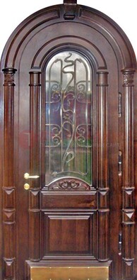 Арочная металлическая дверь массив со стеклом и ковкой ДА-50 в Куровском