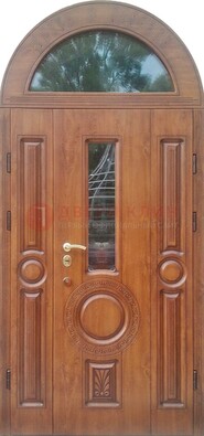 Двустворчатая железная дверь МДФ со стеклом в форме арки ДА-52 в Куровском