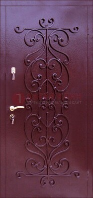 Бордовая металлическая дверь с ковкой ДК-21 в кирпичный дом в Куровском