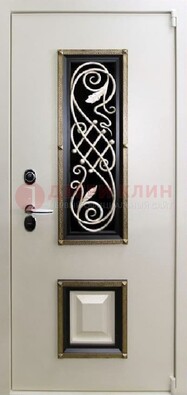 Белая стальная дверь с ковкой со стеклопакетом и МДФ ДК-30 в Куровском