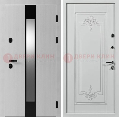 Белая металлическая дверь МДФ с зеркальной вставкой ДМ-324 в Куровском