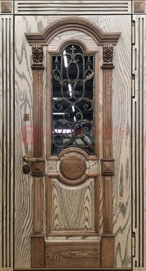 Железная дверь с массивом дуба со стеклом и ковкой ДМД-47 в Куровском