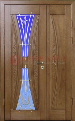 Коттеджная парадная дверь со стеклянными вставками и ковкой ДПР-26 в Куровском