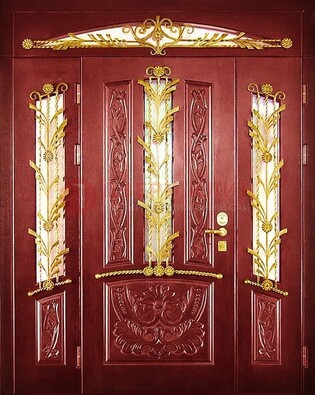Бордовая железная парадная дверь со стеклом и ковкой ДПР-75 в Куровском