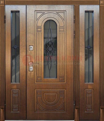 Коричневая стальная парадная дверь с фрамугой ДПР-84 в Куровском