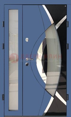 Синяя металлическая дверь со стеклом и узором ДС-13 в Куровском