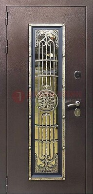 Железная дверь цвета медный антик со стеклом и ковкой ДСК-105 в Куровском