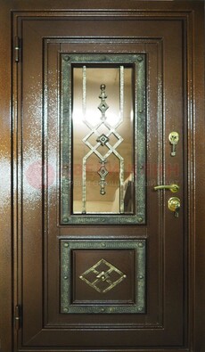 Теплая входная дверь со стеклом и ковкой разноцветной ДСК-13 в Куровском