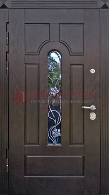 Металлическая дверь со стеклом и ковкой в цвете венге ДСК-142 в Куровском