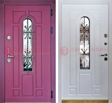 Розовая металлическая дверь со стеклом и ковкой ДСК-151 в Куровском