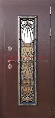 Коричневая стальная дверь порошок со стеклом и ковкой для дома ДСК-169 в Видном