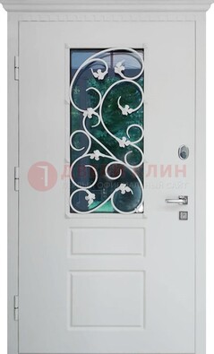 Белая металлическая дверь винорит со стеклом и ковкой ДСК-184 в Куровском