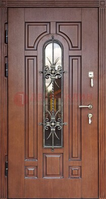 Входная дверь со стеклом и ковкой для частного дома ДСК-188 в Краснодаре