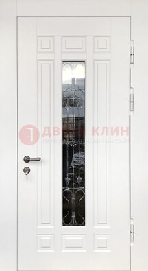 Белая стальная дверь винорит со стеклом и ковкой ДСК-191 в Куровском