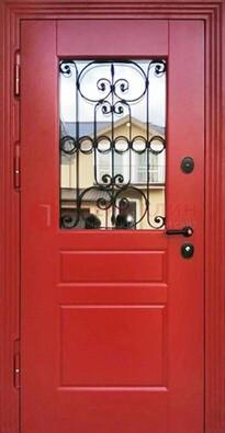 Красная железная дверь Винорит со стеклом и ковкой ДСК-205 в Куровском