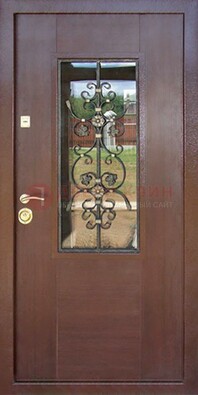 Входная дверь Винорит со стеклом и ковкой в коричневом цвете ДСК-212 в Куровском
