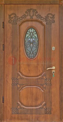 Резная металлическая дверь Винорит со стеклом и ковкой ДСК-215 в Куровском