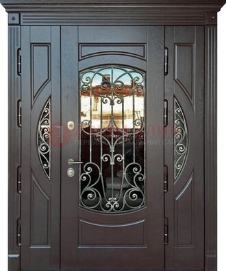 Полуторная железная дверь Винорит со стеклом и ковкой ДСК-231 в Куровском