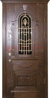 Современная железная дверь со стеклом и ковкой золотой ДСК-23 в Казани
