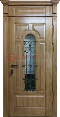 Металлическая дверь массив со стеклом и ковкой для дома ДСК-246 в Куровском
