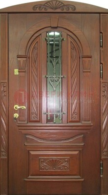 Узорная железная дверь массив со стеклом и ковкой ДСК-247 в Куровском