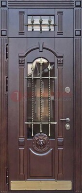 Металлическая дверь массив со стеклом и ковкой с фрамугой ДСК-249 в Куровском