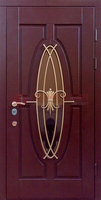 Бордовая стальная дверь Винорит со стеклом и ковкой ДСК-263 в Можайске