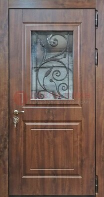 Железная дверь Винорит стекло и ковка с цветом под дерево ДСК-266 в Куровском
