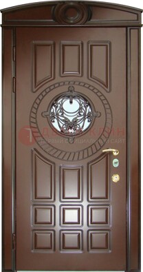 Шоколадная металлическая дверь Винорит со стеклом и ковкой ДСК-269 в Куровском