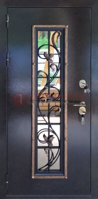 Железная дверь с порошковым напылением стеклом и ковкой ДСК-279 в Куровском