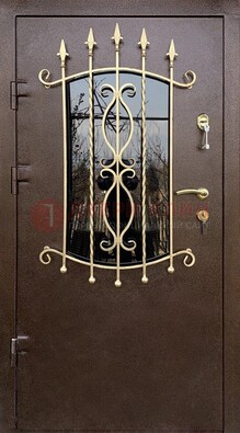 Стальная дверь Порошок со стеклом и ковкой для дома ДСК-280 в Куровском