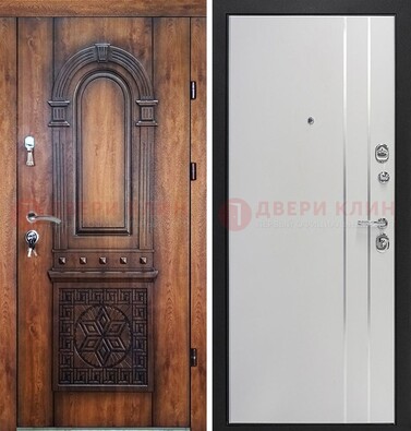 Стальная резная дверь Итальянский орех с виноритом и МДФ с молдингами ДВТ-120 в Куровском