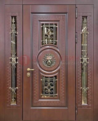 Стальная коричневая дверь с виноритом и ковкой ДВТ-153 в Куровском