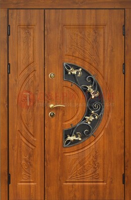 Входная дверь цвета золотой дуб с виноритом и ковкой ДВТ-176 в Куровском