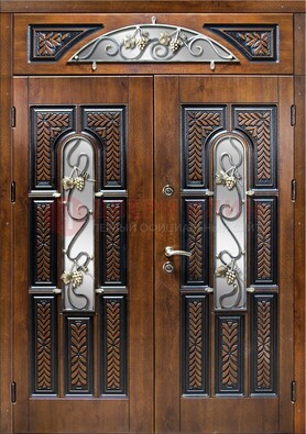 Входная двухстворчатая дверь с виноритом и ковкой ДВТ-183 в Куровском