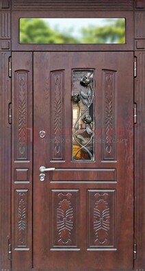 Коричневая металлическая дверь с виноритом и резьбой ДВТ-56 в Куровском