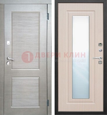 Металлическая филенчатая дверь Темный орех c МДФ Белый дуб с зеркалом ДЗ-104 в Куровском