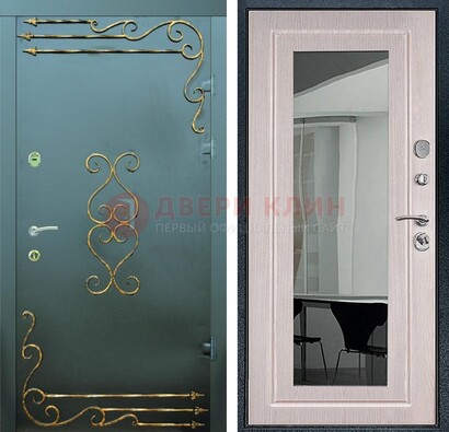 Железная темная дверь c порошковым напылением и МДФ Белый дуб с зеркалом ДЗ-110 в Куровском