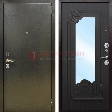 Железная темная дверь c порошковым напылением и МДФ с узором и зеркалом ДЗ-111 в Куровском