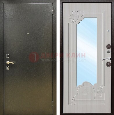Входная темно-серая дверь c порошковым покрытием и МДФ с резьбой и зеркалом ДЗ-113 в Куровском