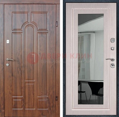 Входная коричневая дверь с МДФ Белый дуб и зеркалом ДЗ-126 в Куровском