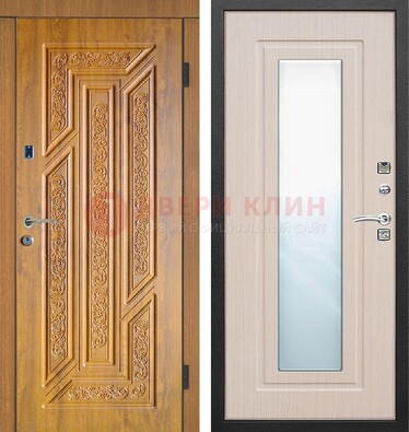 Коричневая железная дверь с зеркалом МДФ Белый дуб ДЗ-128 в Куровском