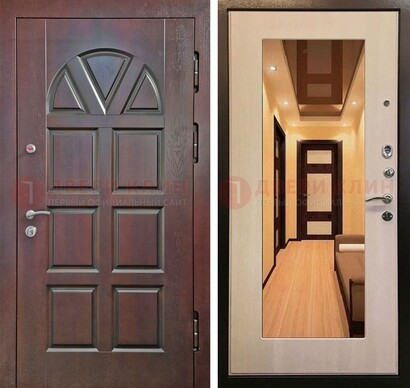 Темная железная дверь с МДФ и зеркалом в квартиру ДЗ-135 в Куровском