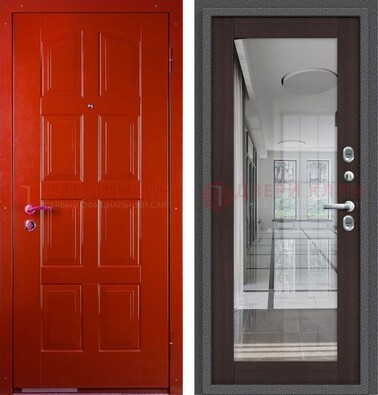 Красная металлическая дверь с МДФ и зеркалом ДЗ-136 в Куровском
