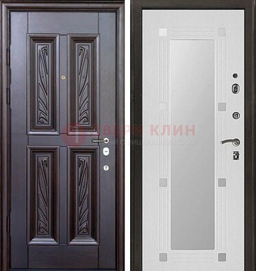 Коричневая стальная дверь с зеркалом МДФ внутри ДЗ-44 в Куровском