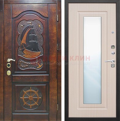 Темная уличная дверь с резьбой и зеркалом внутри ДЗ-49 в Куровском