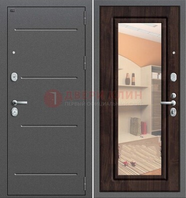 Серая стальная дверь с зеркалом винорит внутри ДЗ-6 в Куровском