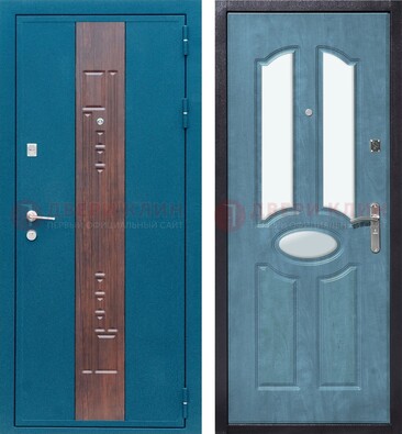 Голубая металлическая дверь МДФ с тремя зеркальными вставками ДЗ-78 в Куровском