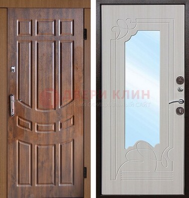 Коричневая уличная дверь c виноритом и терморазрывом МДФ Беленый дуб  с зеркалом ДЗ-97 в Куровском