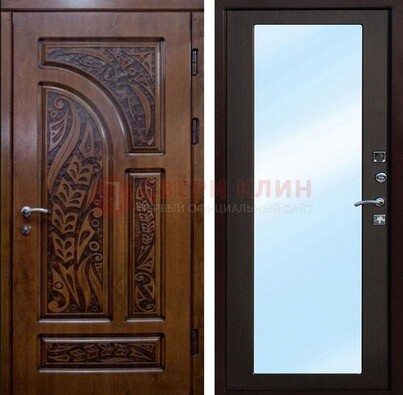 Коричневая входная дверь c узором и виноритом МДФ с зеркалом ДЗ-98 в Куровском